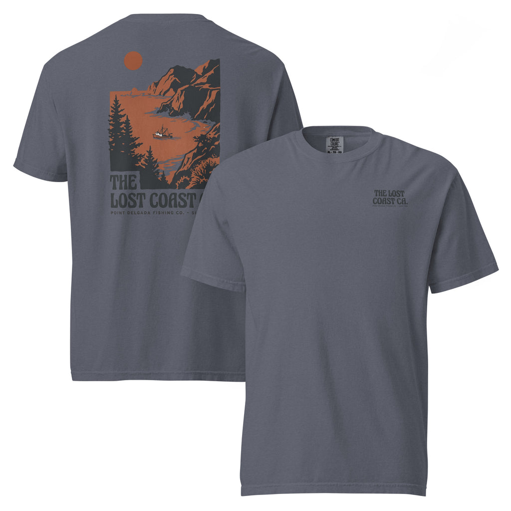 White Point Delgada Lost Coast Cliffs T-Shirt with rust and charcoal vintage print of cliffs, redwoods and a fishing boat on the back and left-chest Lost Coast CA. logo on the front