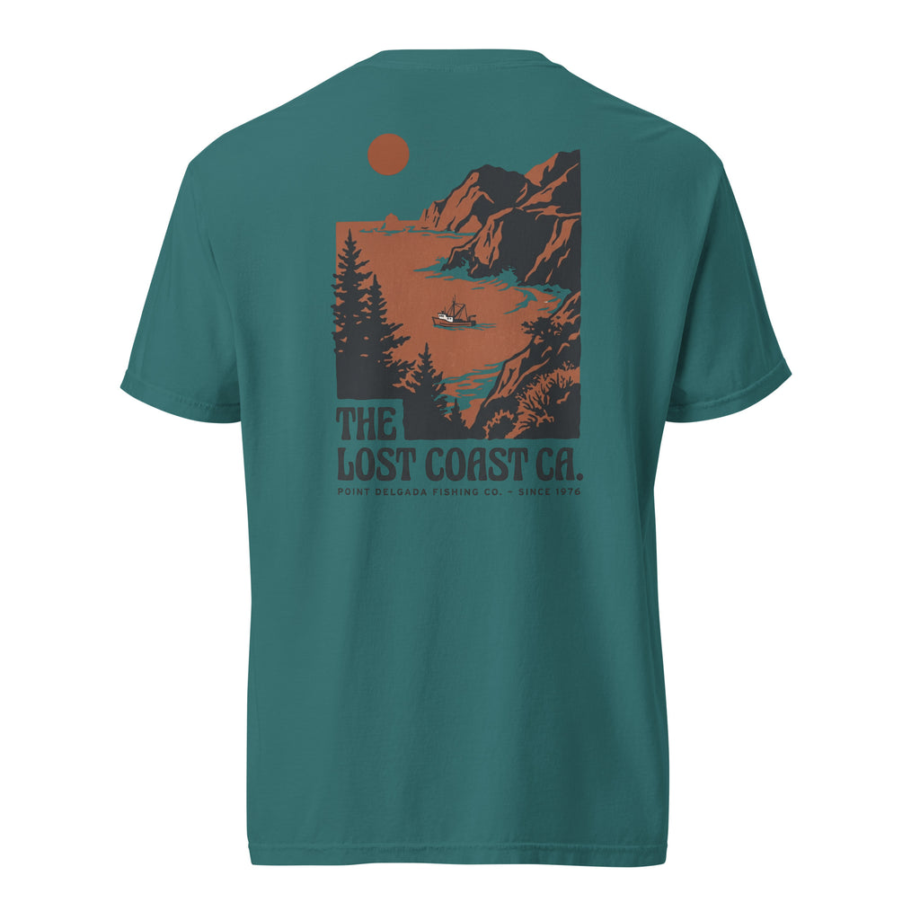 White Point Delgada Lost Coast Cliffs T-Shirt with rust and charcoal vintage print of cliffs, redwoods and a fishing boat on the back and left-chest Lost Coast CA. logo on the front