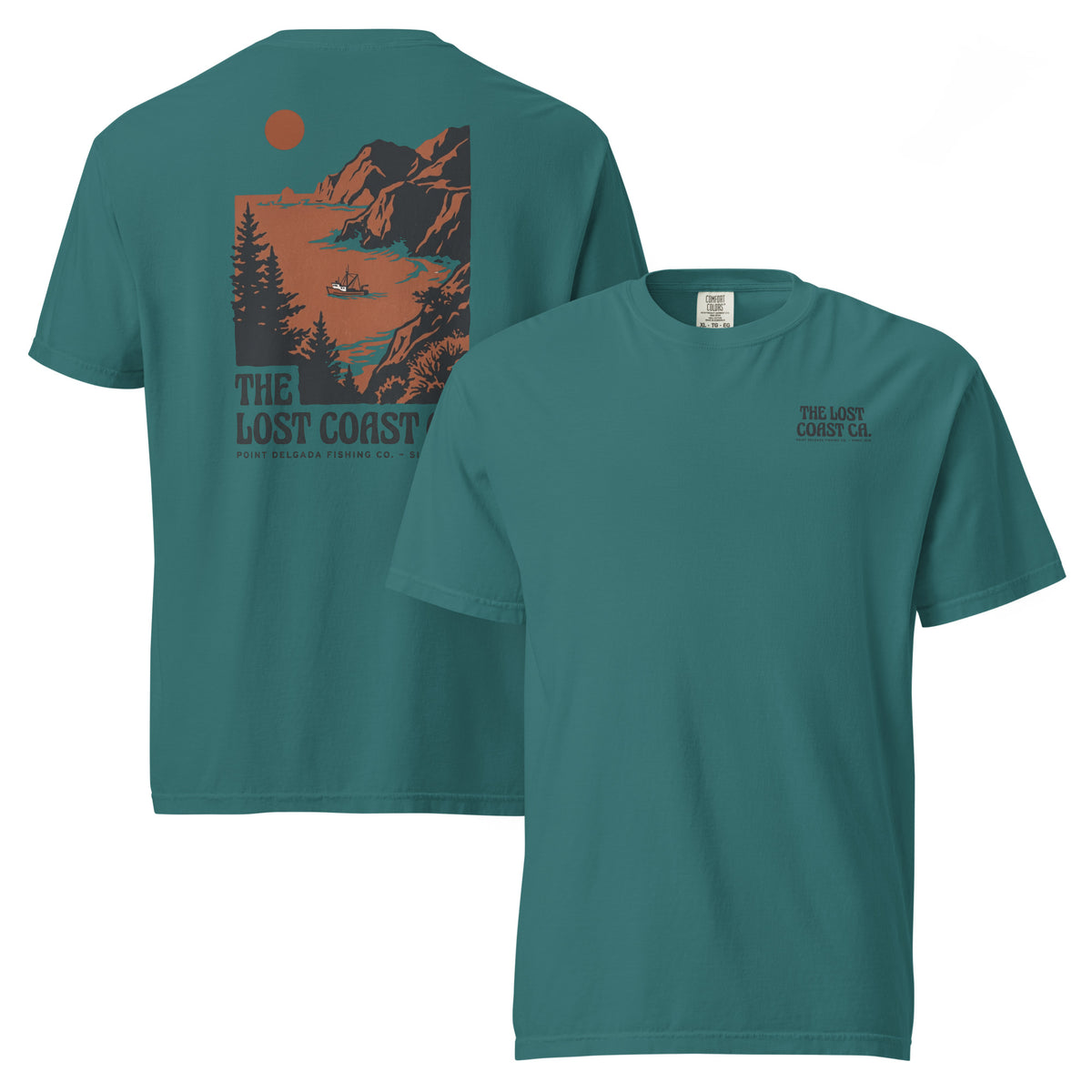 White Point Delgada Lost Coast Cliffs T-Shirt with rust and charcoal vintage print of cliffs, redwoods and a fishing boat on the back and left-chest Lost Coast CA. logo on the front