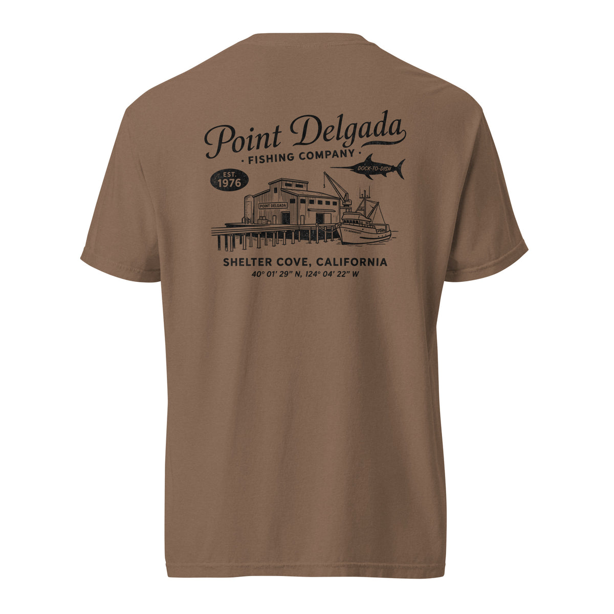 Back: White Point Delgada Home Port T-Shirt with black fish house, pier, fishing boat and Shelter Cove, California coordinates graphic