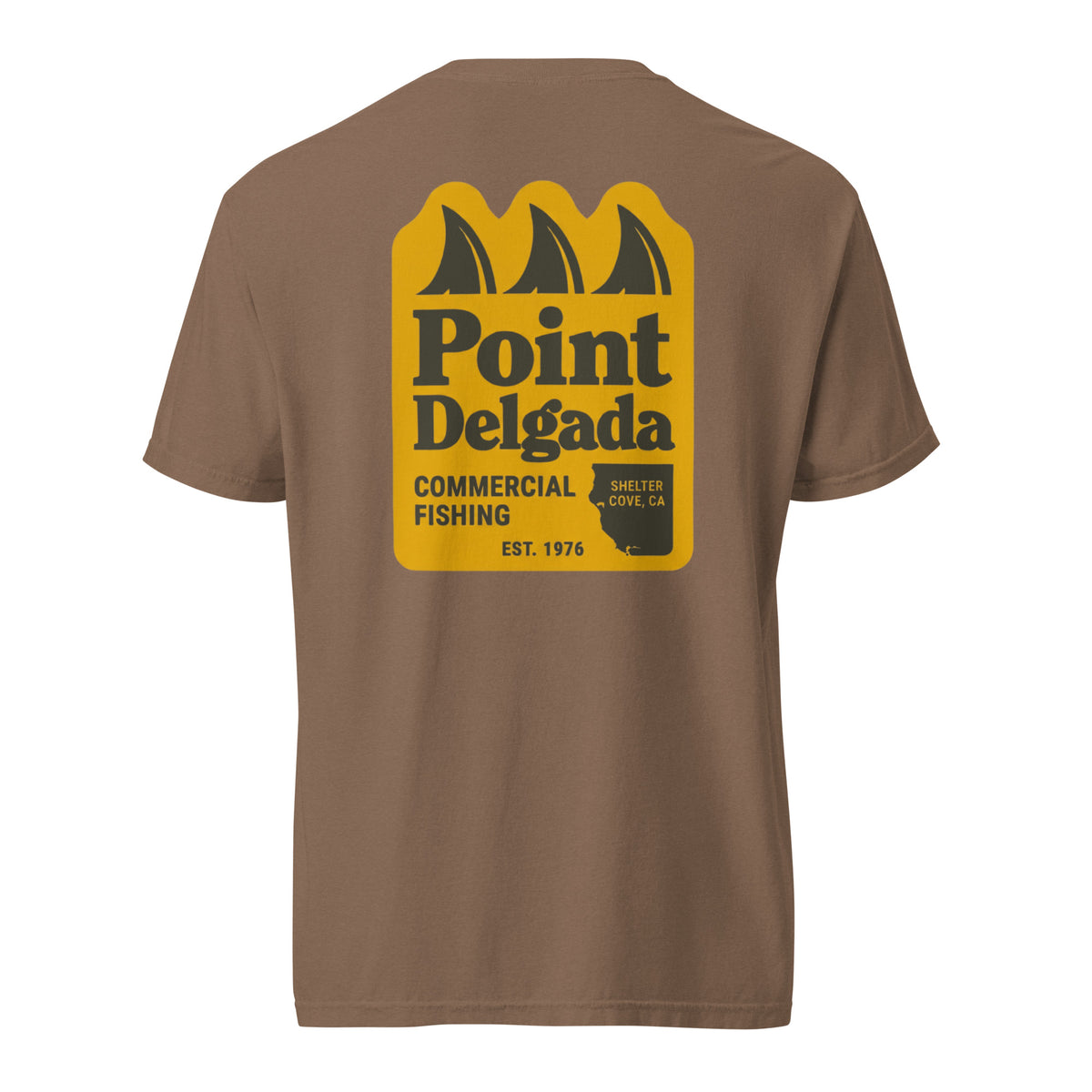Point Delgada Three Fins T-Shirt with goldenrod vintage badge on the back and left-chest Point Delgada Fishing Co. logo on the front