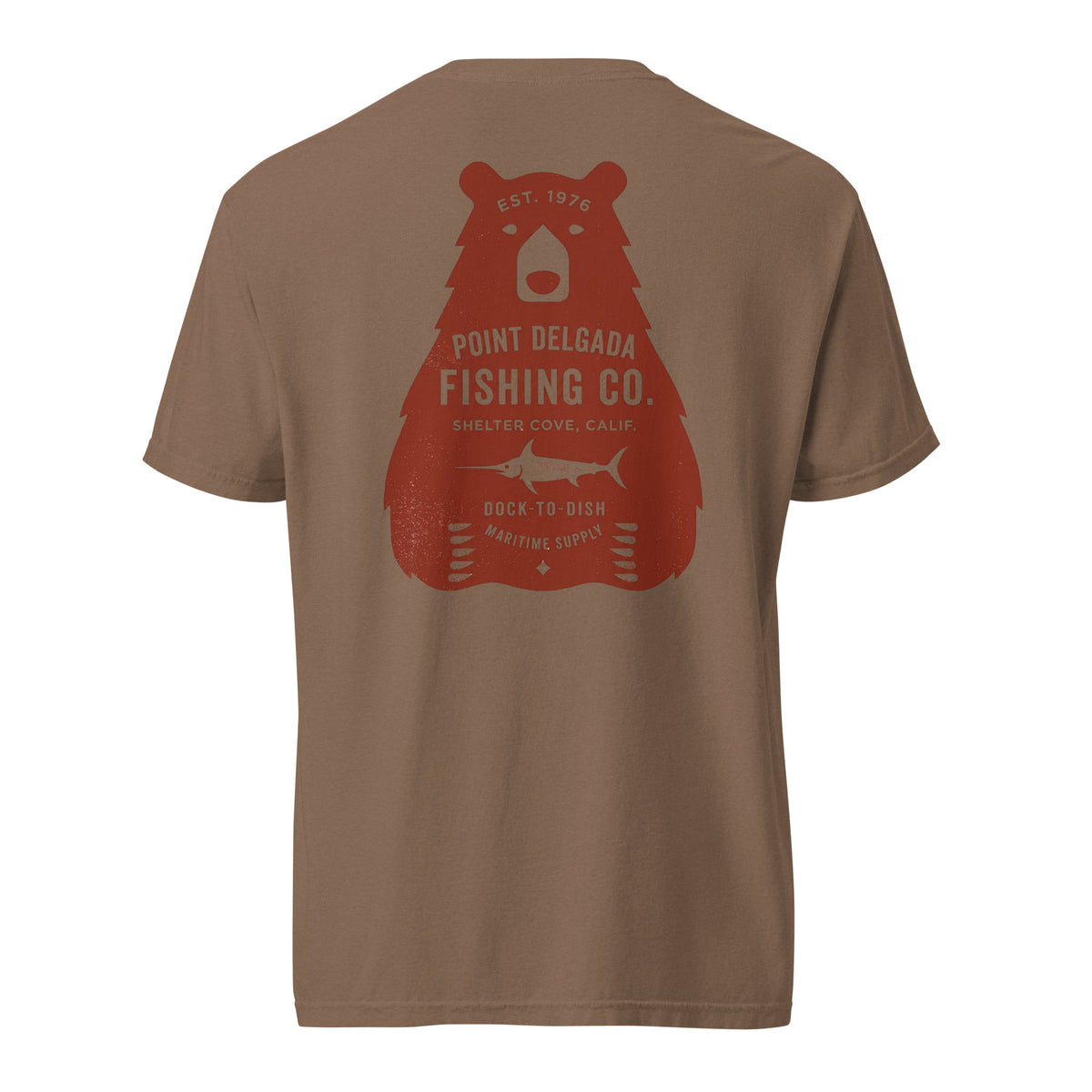 Point Delgada Bear Crest T-Shirt with distressed red bear and swordfish crest on the back and left-chest Point Delgada Fishing Co. logo on the front