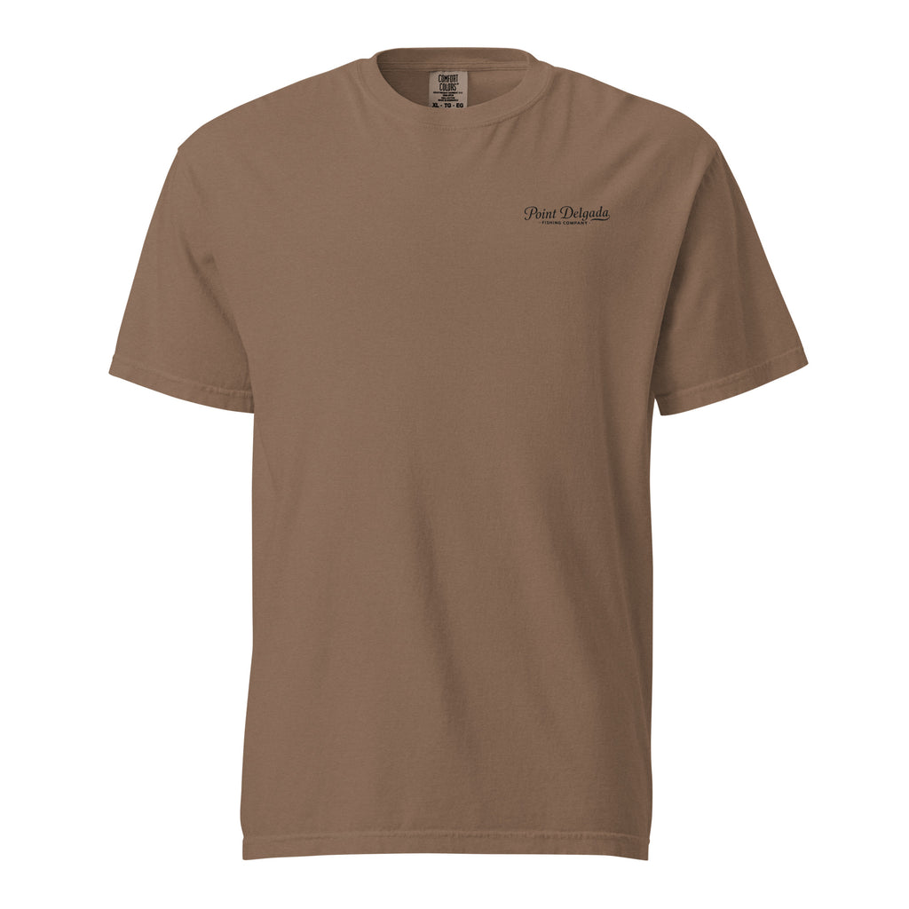Back: White Point Delgada Home Port T-Shirt with black fish house, pier, fishing boat and Shelter Cove, California coordinates graphic