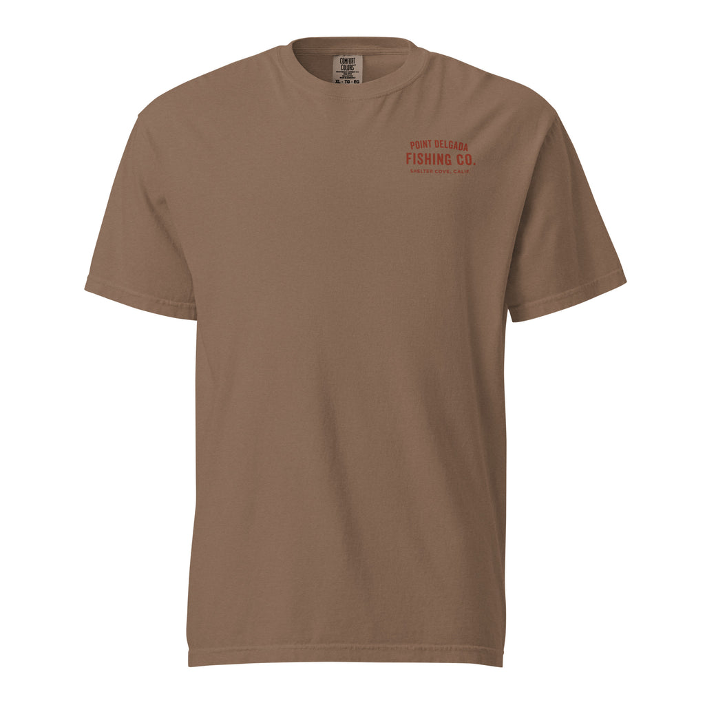 Point Delgada Bear Crest T-Shirt with distressed red bear and swordfish crest on the back and left-chest Point Delgada Fishing Co. logo on the front