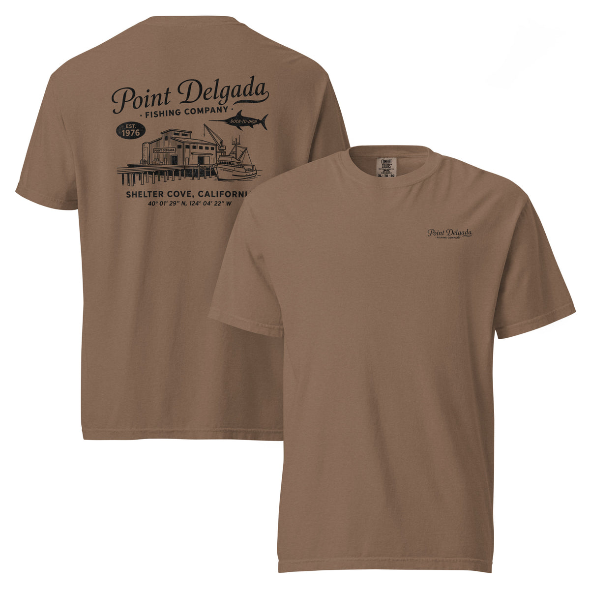 Back: White Point Delgada Home Port T-Shirt with black fish house, pier, fishing boat and Shelter Cove, California coordinates graphic
