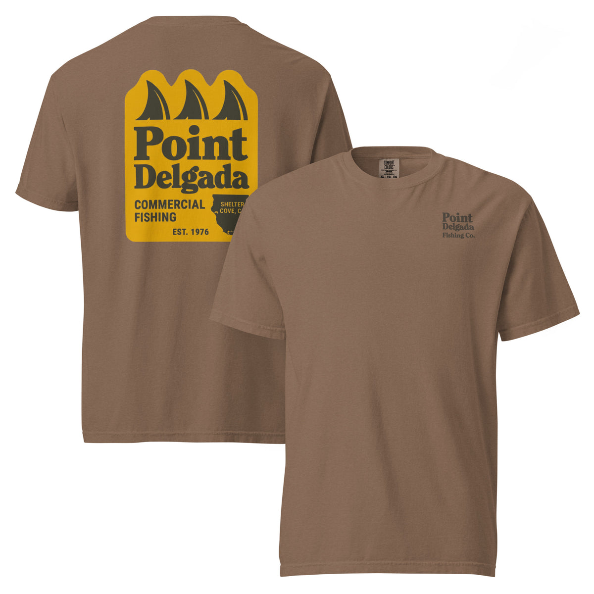 White Point Delgada Three Fins T-Shirt with goldenrod vintage badge on the back and left-chest Point Delgada Fishing Co. logo on the front