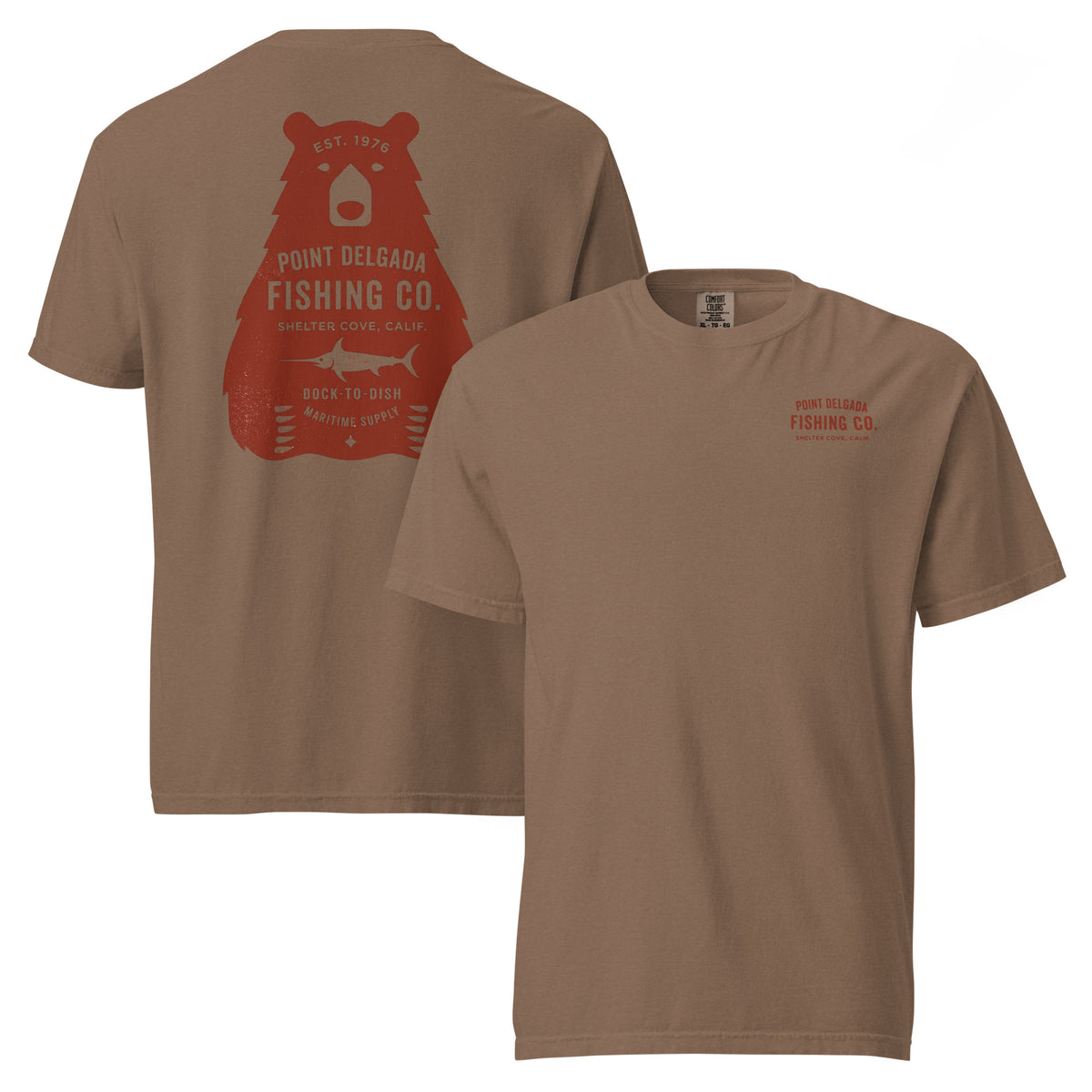 Point Delgada Bear Crest T-Shirt with distressed red bear and swordfish crest on the back and left-chest Point Delgada Fishing Co. logo on the front