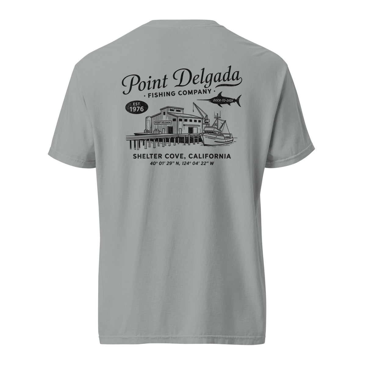 Back: White Point Delgada Home Port T-Shirt with black fish house, pier, fishing boat and Shelter Cove, California coordinates graphic