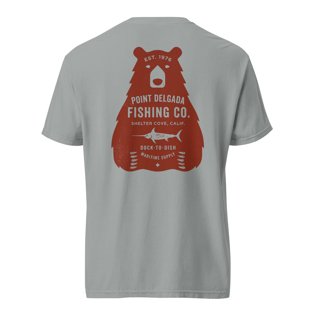 Point Delgada Bear Crest T-Shirt with distressed red bear and swordfish crest on the back and left-chest Point Delgada Fishing Co. logo on the front