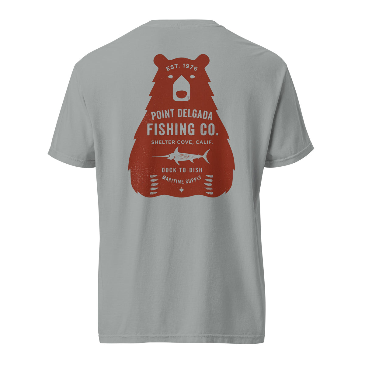 Point Delgada Bear Crest T-Shirt with distressed red bear and swordfish crest on the back and left-chest Point Delgada Fishing Co. logo on the front