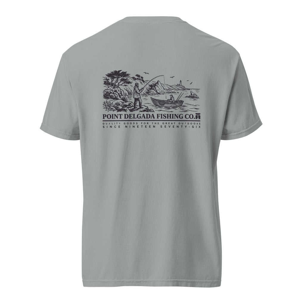 White Point Delgada Shoreline T-Shirt with black engraved coastal fishing scene and lighthouse on the back and left-chest lure logo on the front