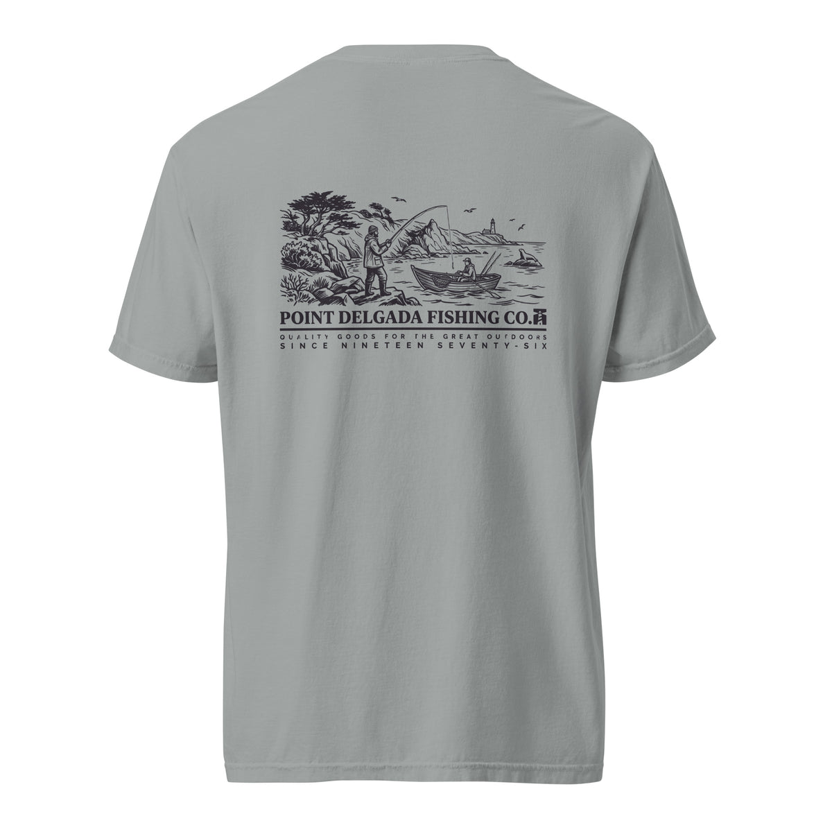 White Point Delgada Shoreline T-Shirt with black engraved coastal fishing scene and lighthouse on the back and left-chest lure logo on the front