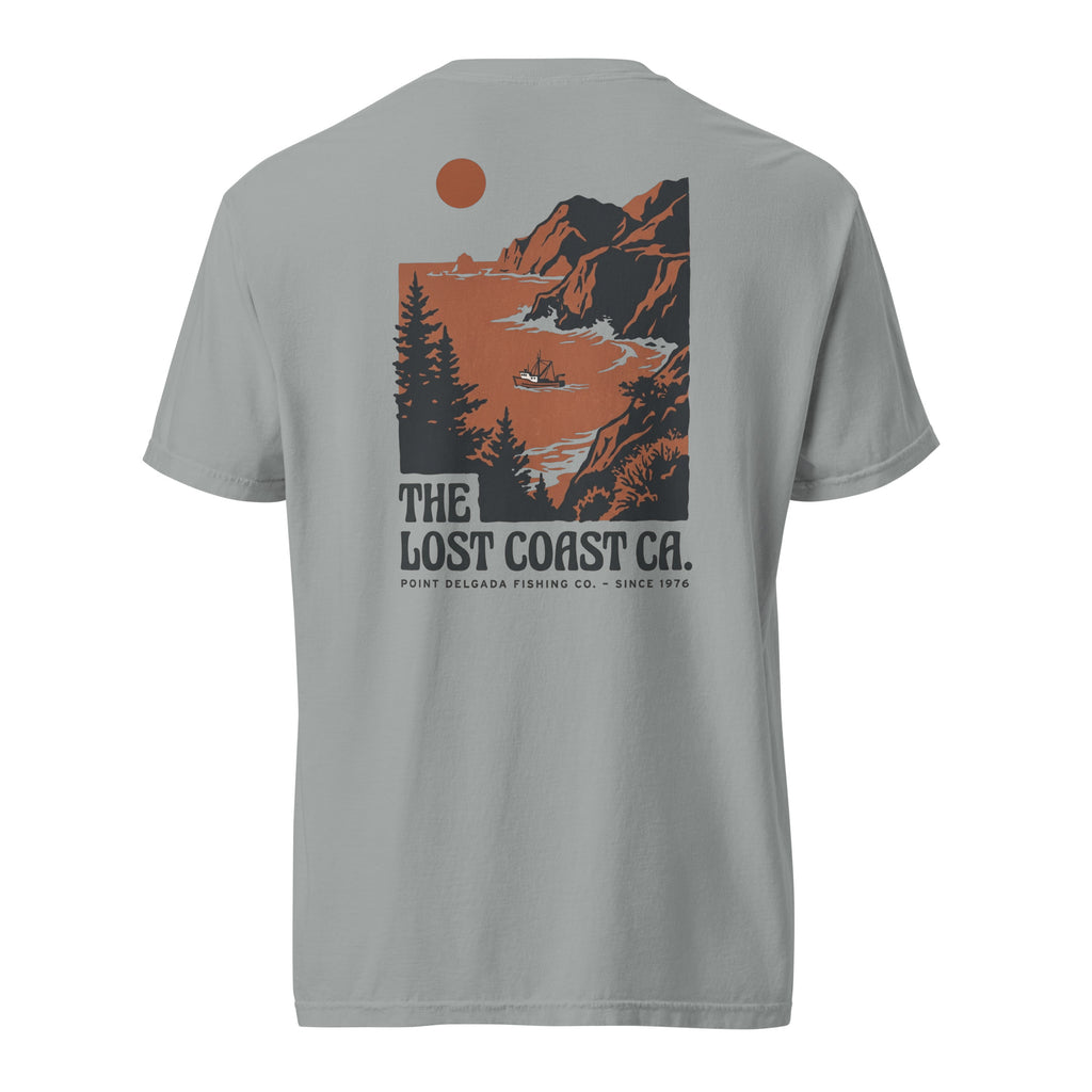 White Point Delgada Lost Coast Cliffs T-Shirt with rust and charcoal vintage print of cliffs, redwoods and a fishing boat on the back and left-chest Lost Coast CA. logo on the front