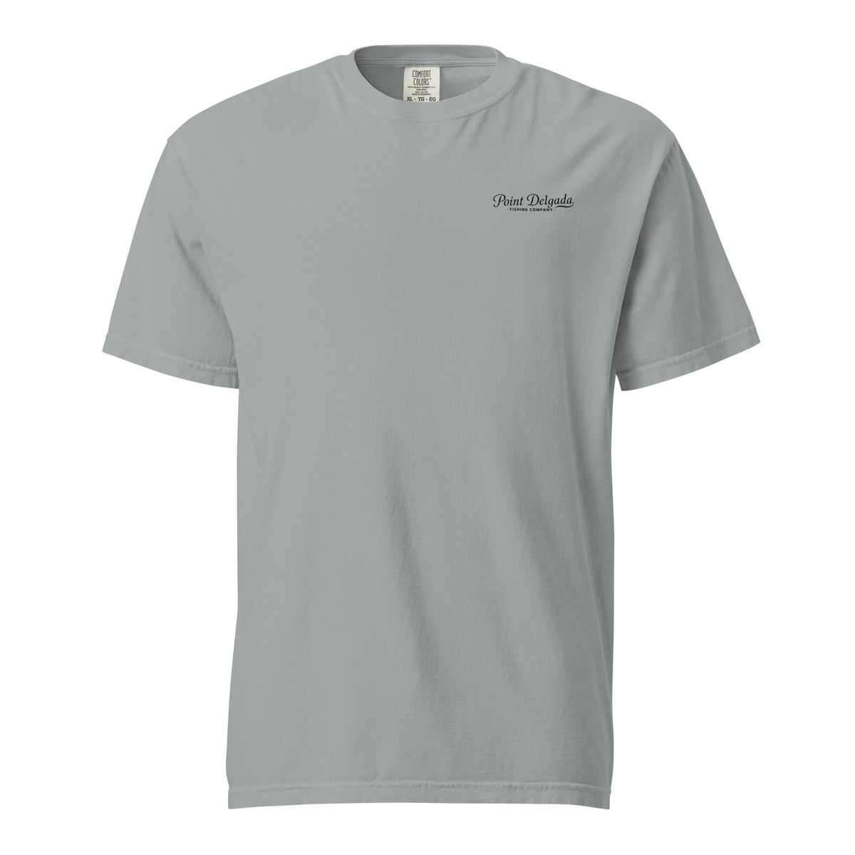 Back: White Point Delgada Home Port T-Shirt with black fish house, pier, fishing boat and Shelter Cove, California coordinates graphic