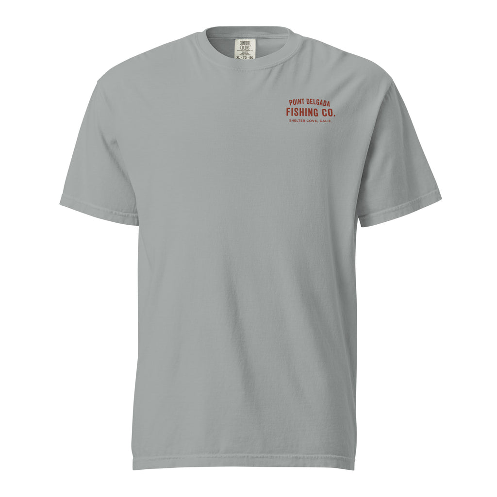 Point Delgada Bear Crest T-Shirt with distressed red bear and swordfish crest on the back and left-chest Point Delgada Fishing Co. logo on the front