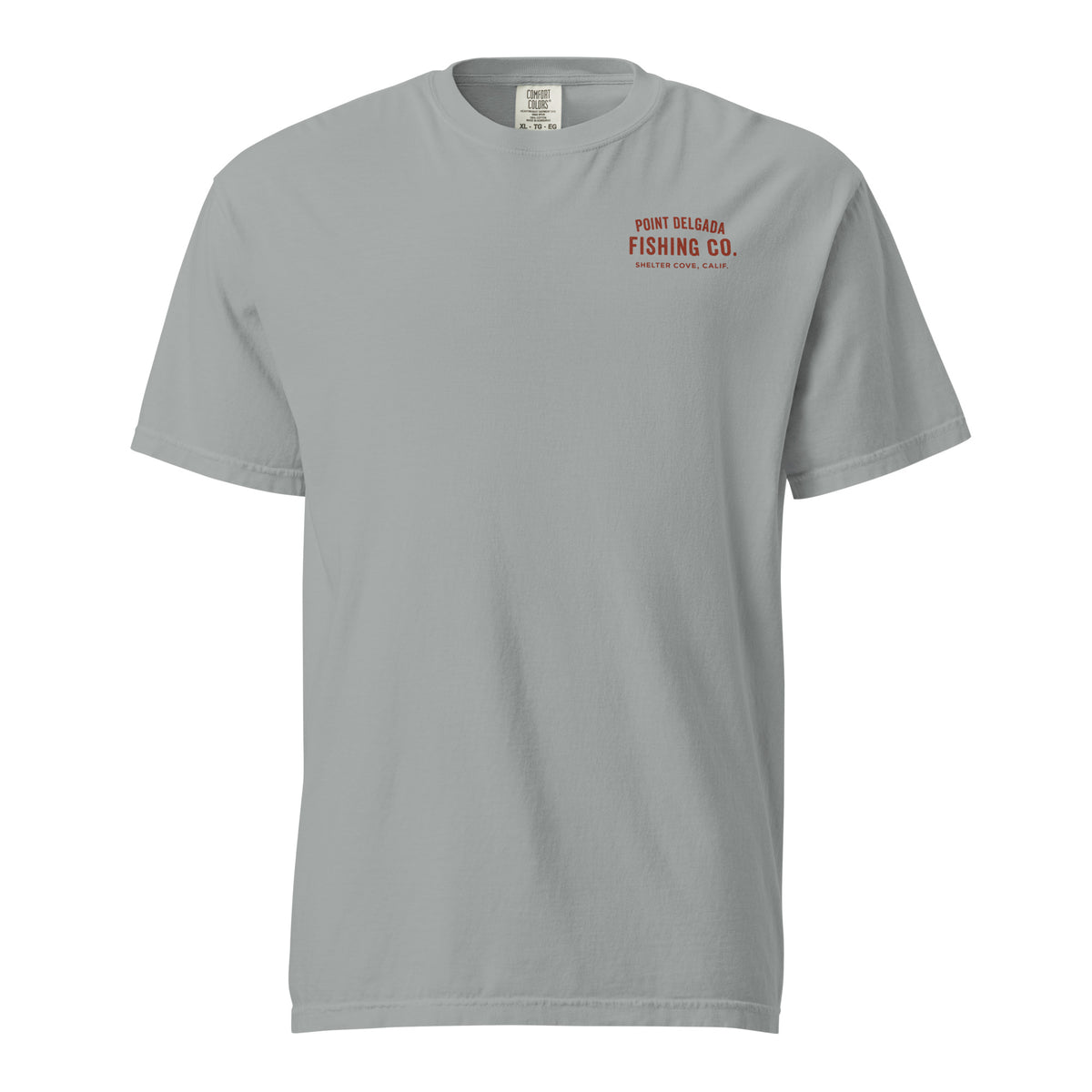 Point Delgada Bear Crest T-Shirt with distressed red bear and swordfish crest on the back and left-chest Point Delgada Fishing Co. logo on the front