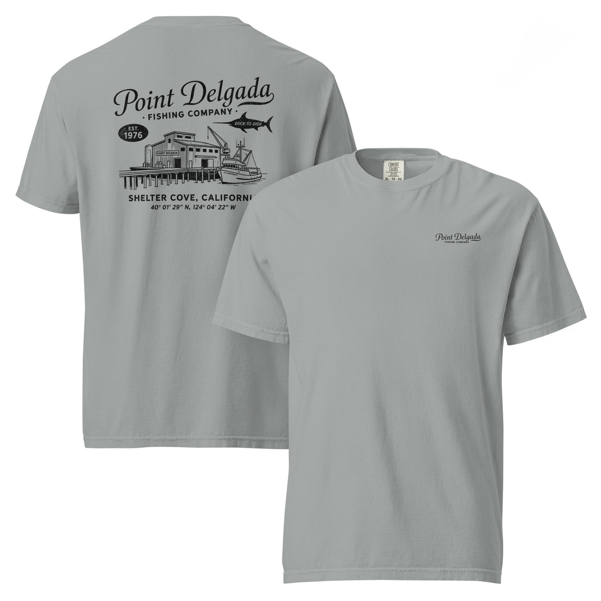 Back: White Point Delgada Home Port T-Shirt with black fish house, pier, fishing boat and Shelter Cove, California coordinates graphic