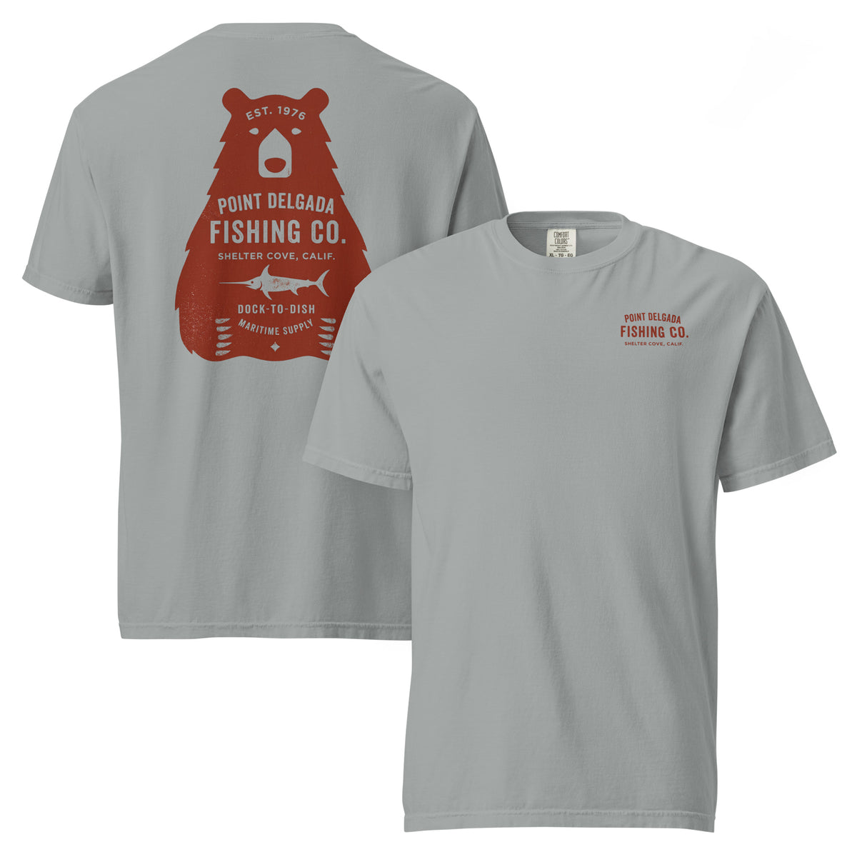 Point Delgada Bear Crest T-Shirt with distressed red bear and swordfish crest on the back and left-chest Point Delgada Fishing Co. logo on the front