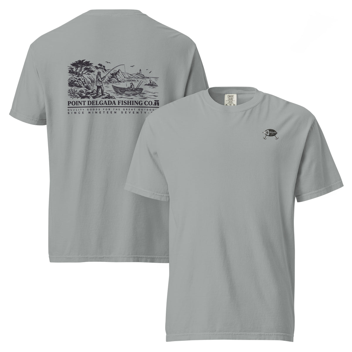 White Point Delgada Shoreline T-Shirt with black engraved coastal fishing scene and lighthouse on the back and left-chest lure logo on the front