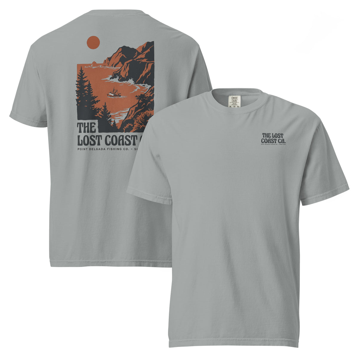 White Point Delgada Lost Coast Cliffs T-Shirt with rust and charcoal vintage print of cliffs, redwoods and a fishing boat on the back and left-chest Lost Coast CA. logo on the front