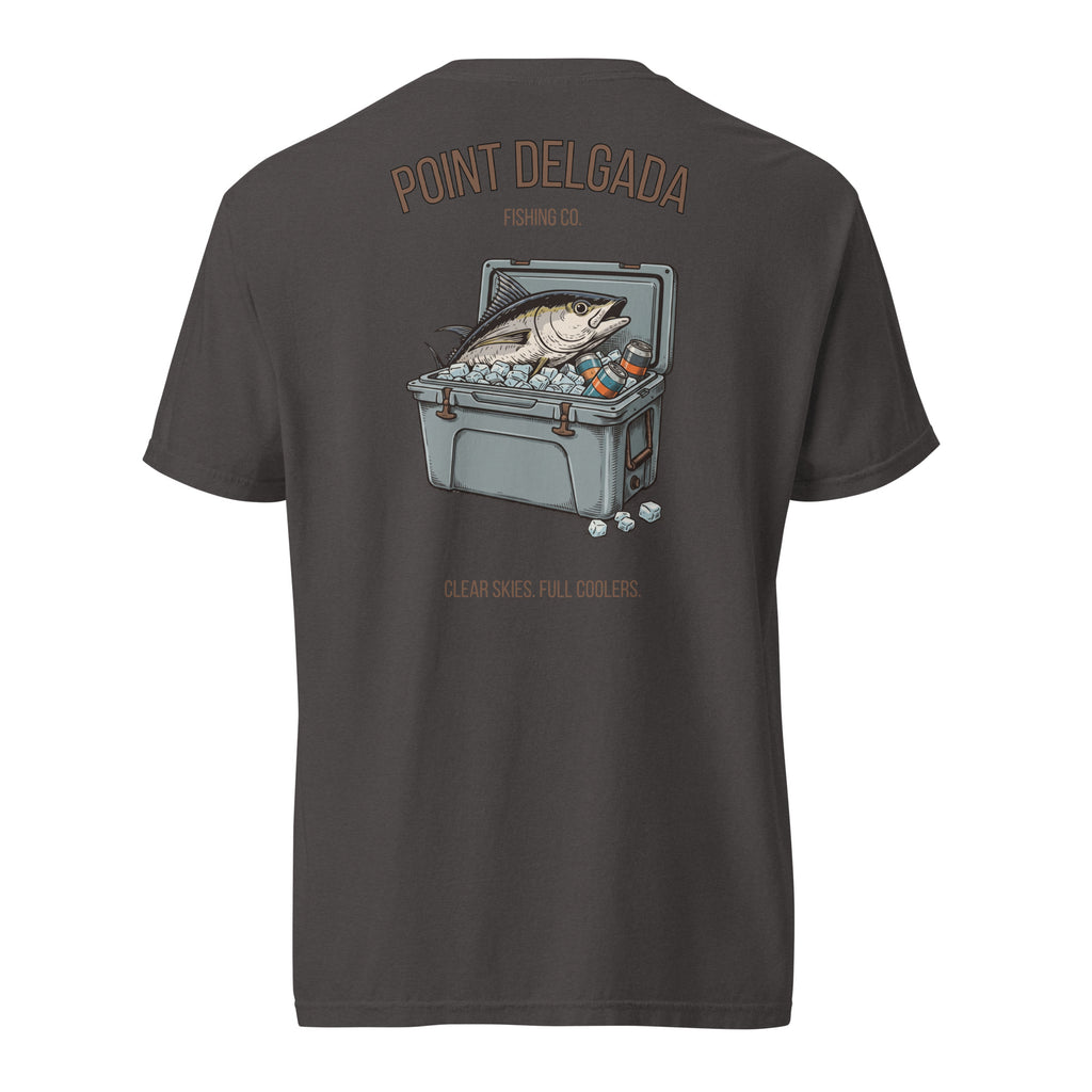 Back: White Point Delgada Full Cooler T-Shirt with albacore tuna in an ice-filled cooler and "Clear Skies. Full Cooler." graphic
Front: White Point Delgada heavyweight tee with left-chest Shelter Cove, CA logo
