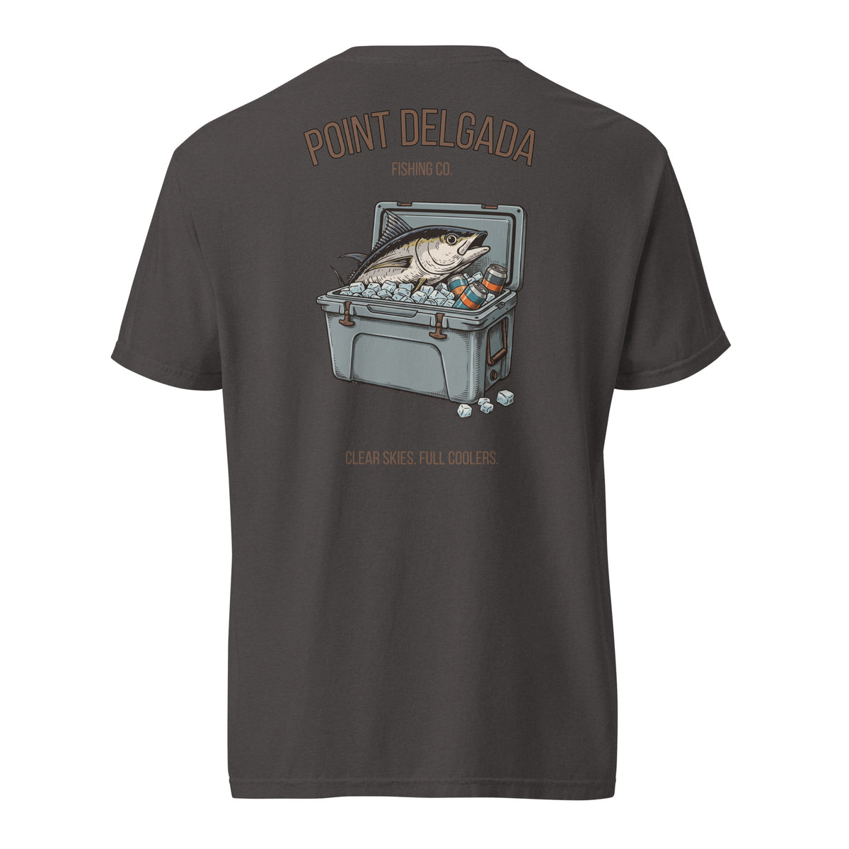 Back: White Point Delgada Full Cooler T-Shirt with albacore tuna in an ice-filled cooler and "Clear Skies. Full Cooler." graphic
Front: White Point Delgada heavyweight tee with left-chest Shelter Cove, CA logo