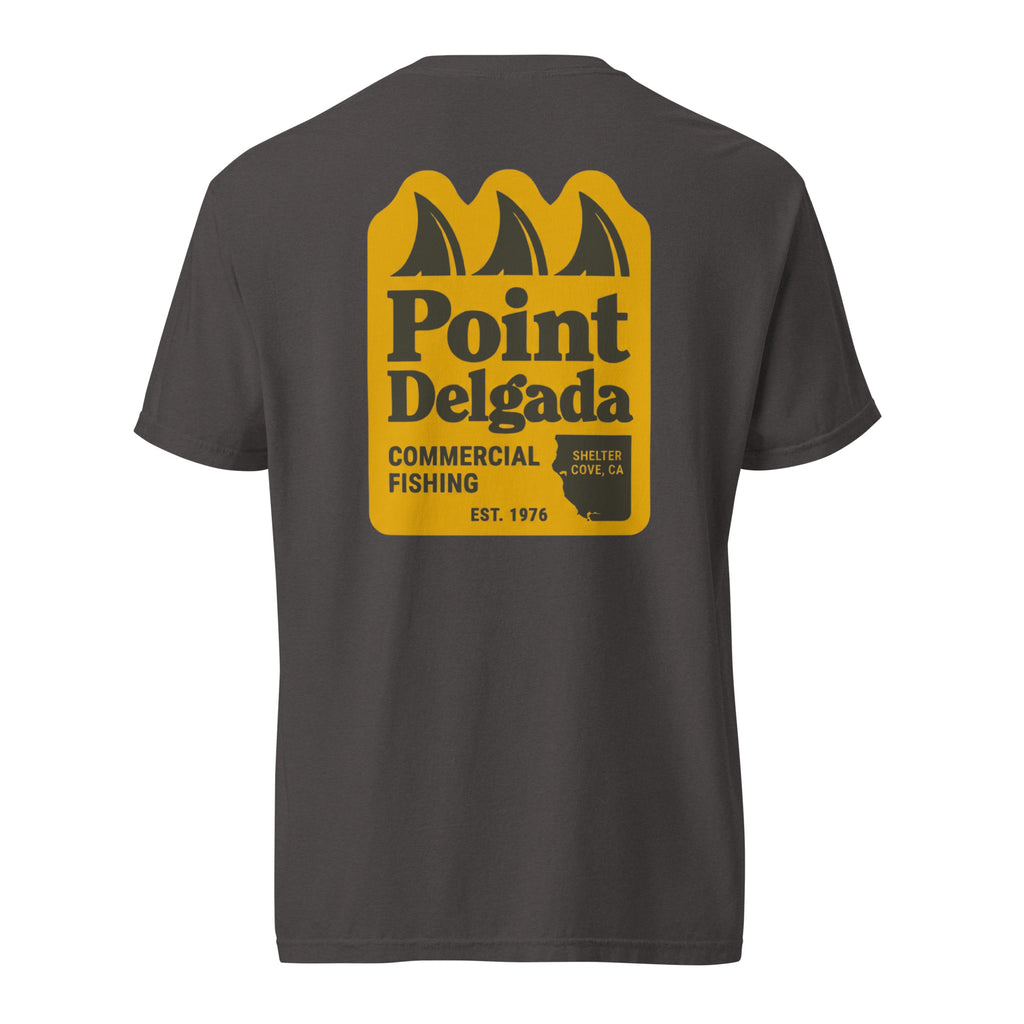 Point Delgada Three Fins T-Shirt with goldenrod vintage badge on the back and left-chest Point Delgada Fishing Co. logo on the front