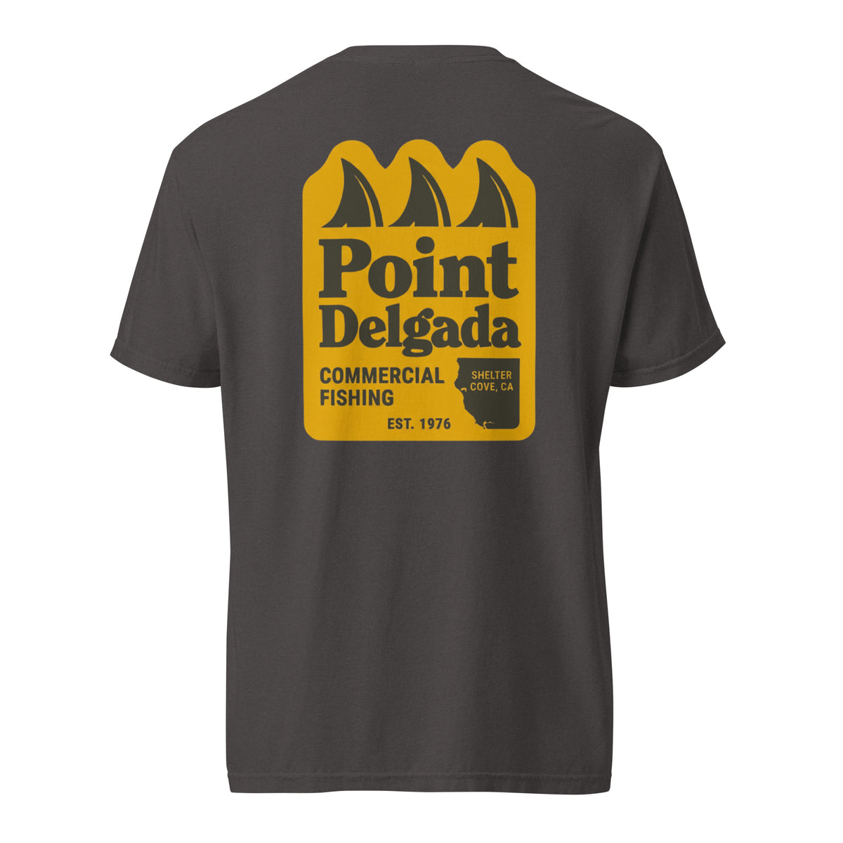 Point Delgada Three Fins T-Shirt with goldenrod vintage badge on the back and left-chest Point Delgada Fishing Co. logo on the front