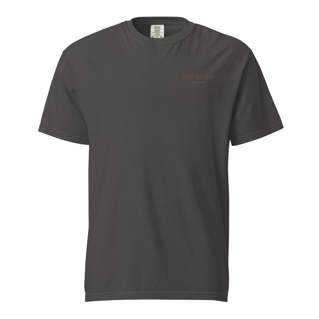 Back: White Point Delgada Full Cooler T-Shirt with albacore tuna in an ice-filled cooler and "Clear Skies. Full Cooler." graphic
Front: White Point Delgada heavyweight tee with left-chest Shelter Cove, CA logo