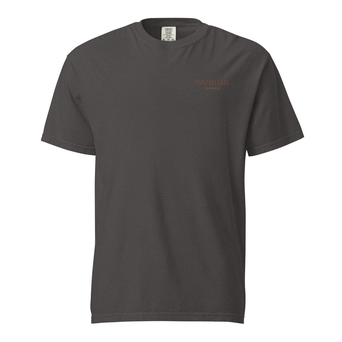 Back: White Point Delgada Full Cooler T-Shirt with albacore tuna in an ice-filled cooler and "Clear Skies. Full Cooler." graphic
Front: White Point Delgada heavyweight tee with left-chest Shelter Cove, CA logo