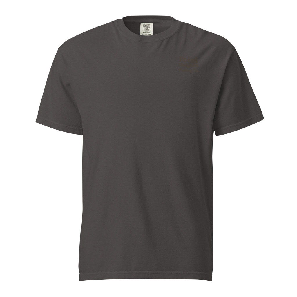 Point Delgada Three Fins T-Shirt with goldenrod vintage badge on the back and left-chest Point Delgada Fishing Co. logo on the front