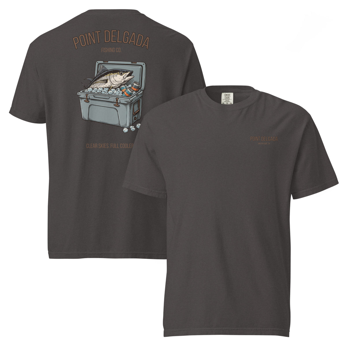 Back: White Point Delgada Full Cooler T-Shirt with albacore tuna in an ice-filled cooler and "Clear Skies. Full Cooler." graphic
Front: White Point Delgada heavyweight tee with left-chest Shelter Cove, CA logo
