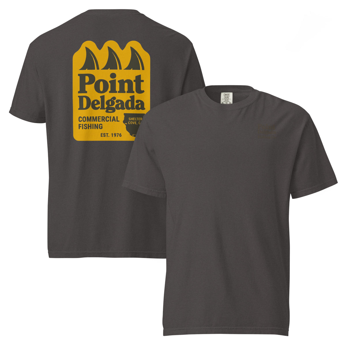 White Point Delgada Three Fins T-Shirt with goldenrod vintage badge on the back and left-chest Point Delgada Fishing Co. logo on the front
