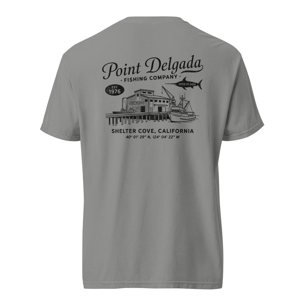 Back: White Point Delgada Home Port T-Shirt with black fish house, pier, fishing boat and Shelter Cove, California coordinates graphic