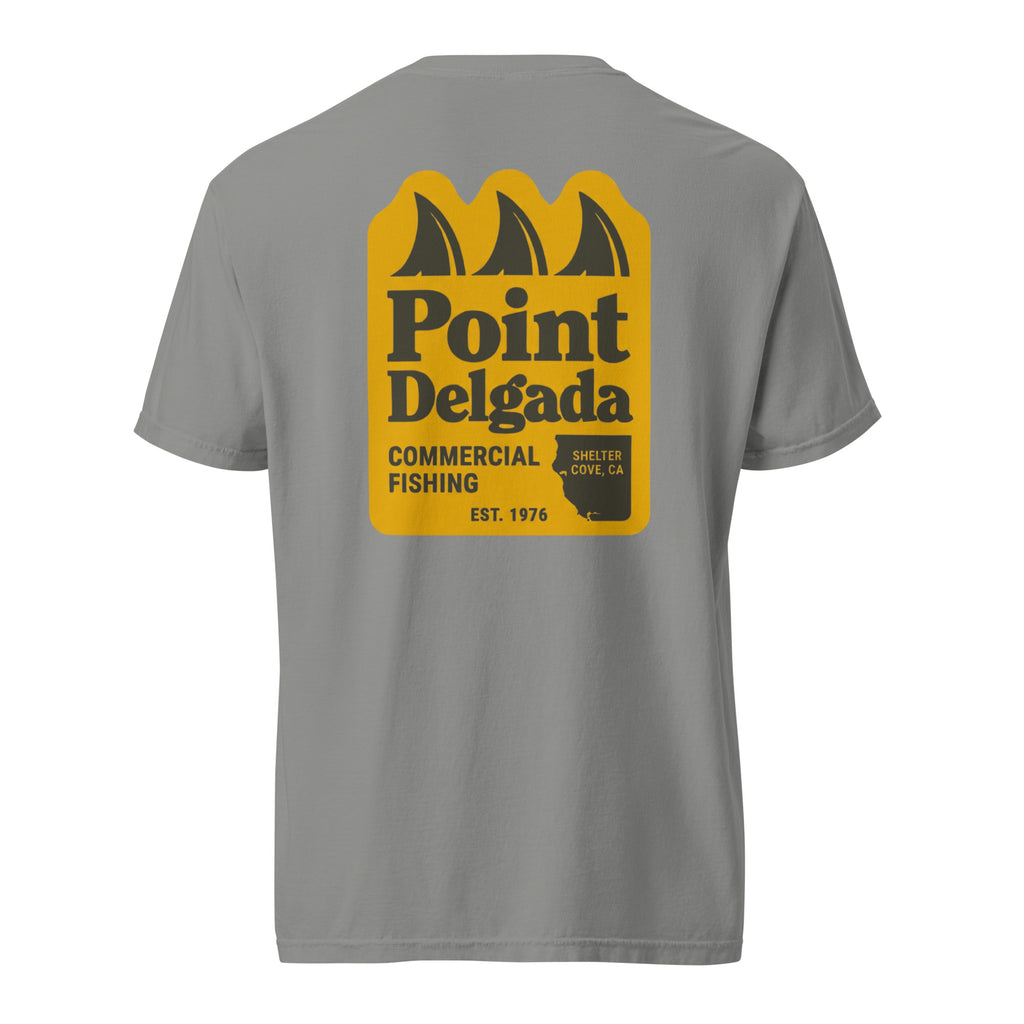 Point Delgada Three Fins T-Shirt with goldenrod vintage badge on the back and left-chest Point Delgada Fishing Co. logo on the front