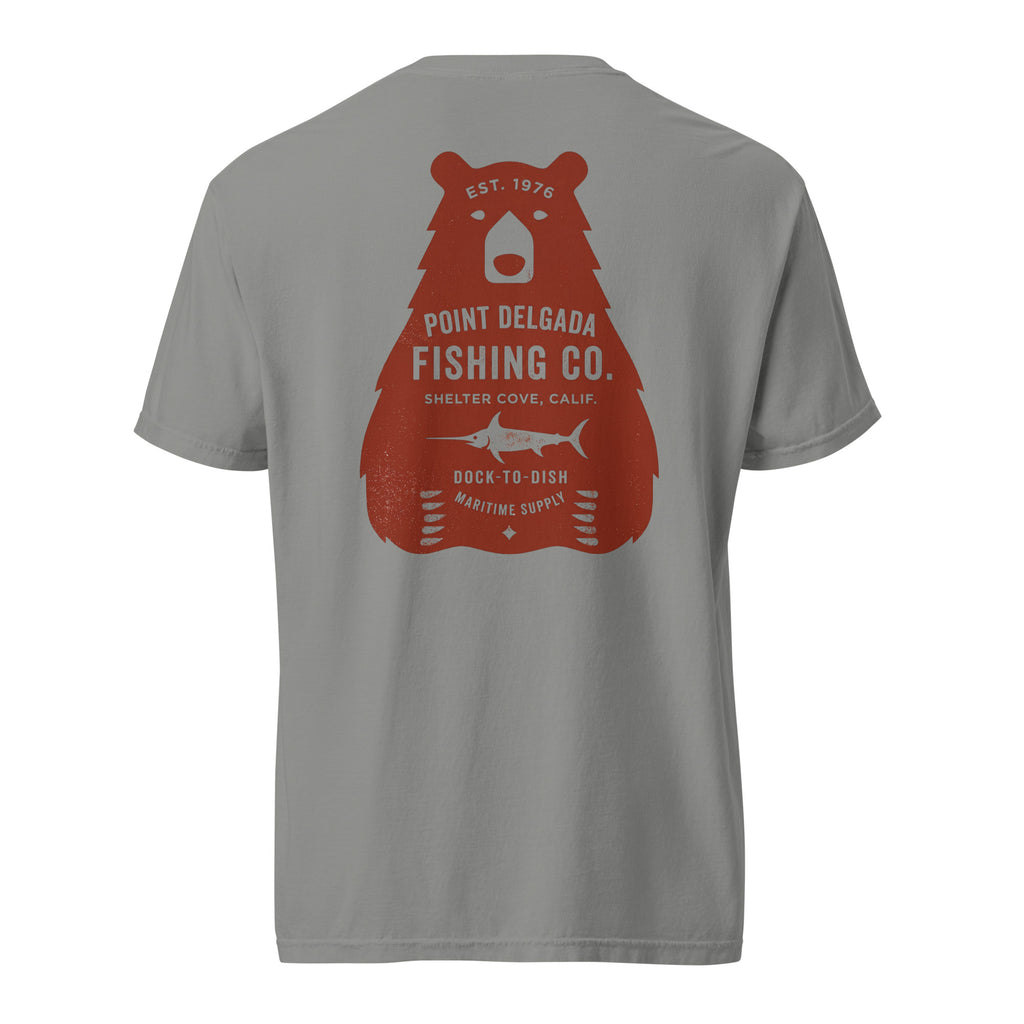 Point Delgada Bear Crest T-Shirt with distressed red bear and swordfish crest on the back and left-chest Point Delgada Fishing Co. logo on the front