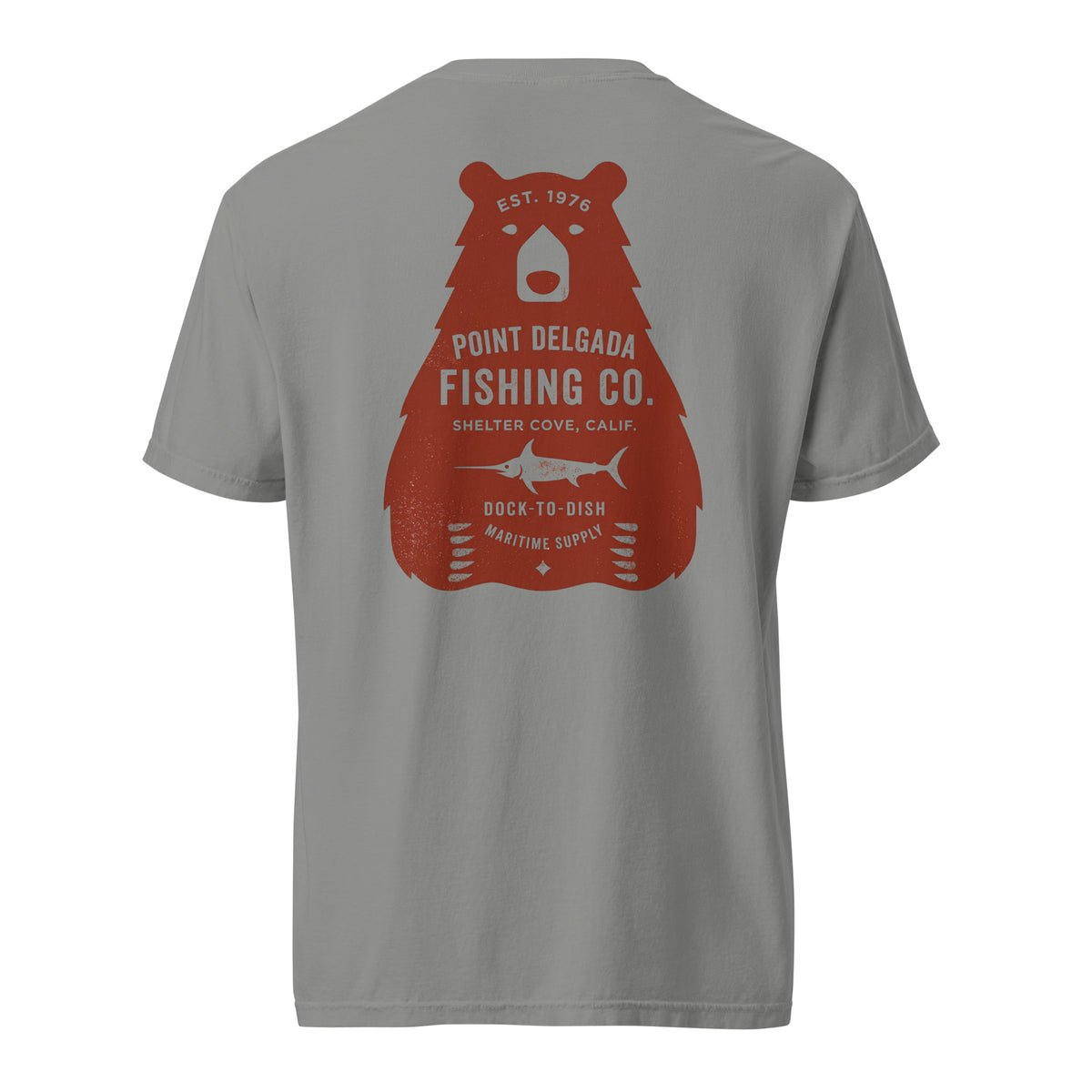Point Delgada Bear Crest T-Shirt with distressed red bear and swordfish crest on the back and left-chest Point Delgada Fishing Co. logo on the front