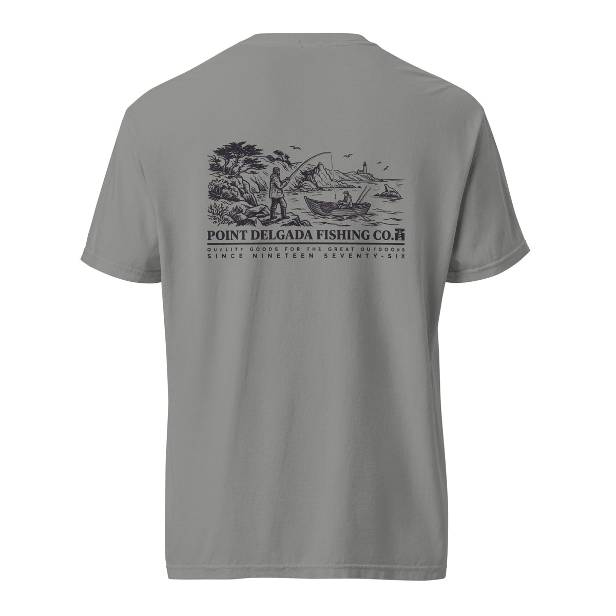 White Point Delgada Shoreline T-Shirt with black engraved coastal fishing scene and lighthouse on the back and left-chest lure logo on the front