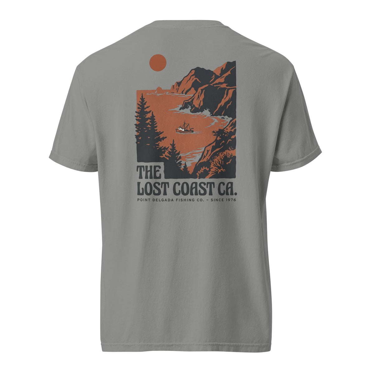 White Point Delgada Lost Coast Cliffs T-Shirt with rust and charcoal vintage print of cliffs, redwoods and a fishing boat on the back and left-chest Lost Coast CA. logo on the front