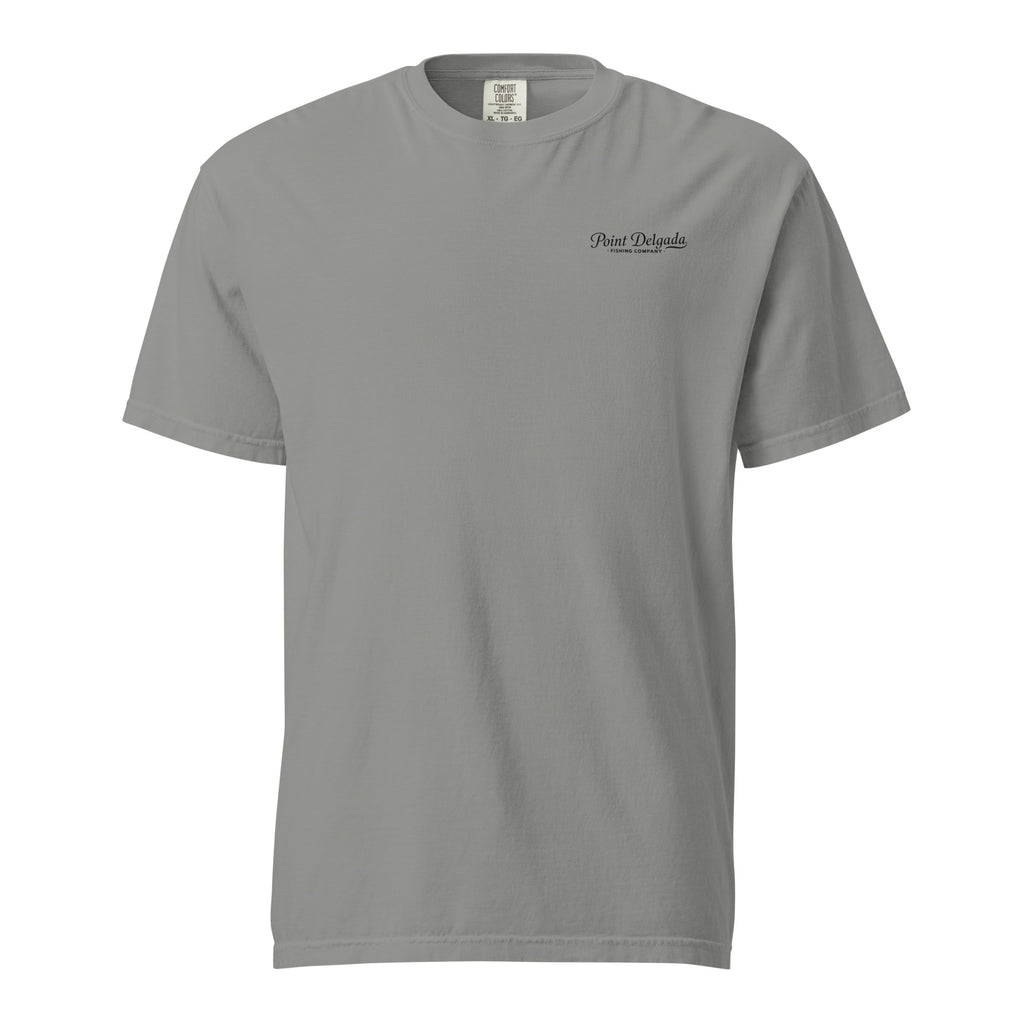 Back: White Point Delgada Home Port T-Shirt with black fish house, pier, fishing boat and Shelter Cove, California coordinates graphic
