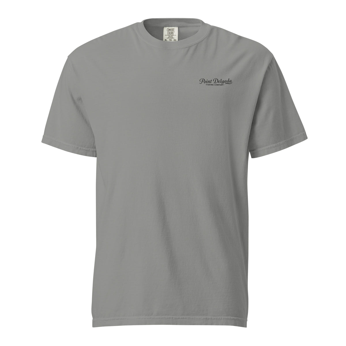 Back: White Point Delgada Home Port T-Shirt with black fish house, pier, fishing boat and Shelter Cove, California coordinates graphic