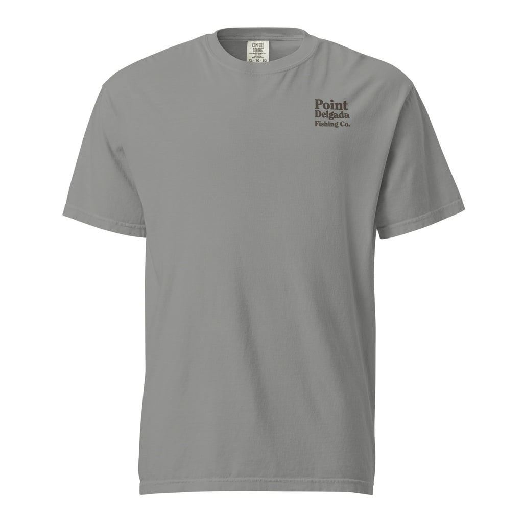 Point Delgada Three Fins T-Shirt with goldenrod vintage badge on the back and left-chest Point Delgada Fishing Co. logo on the front