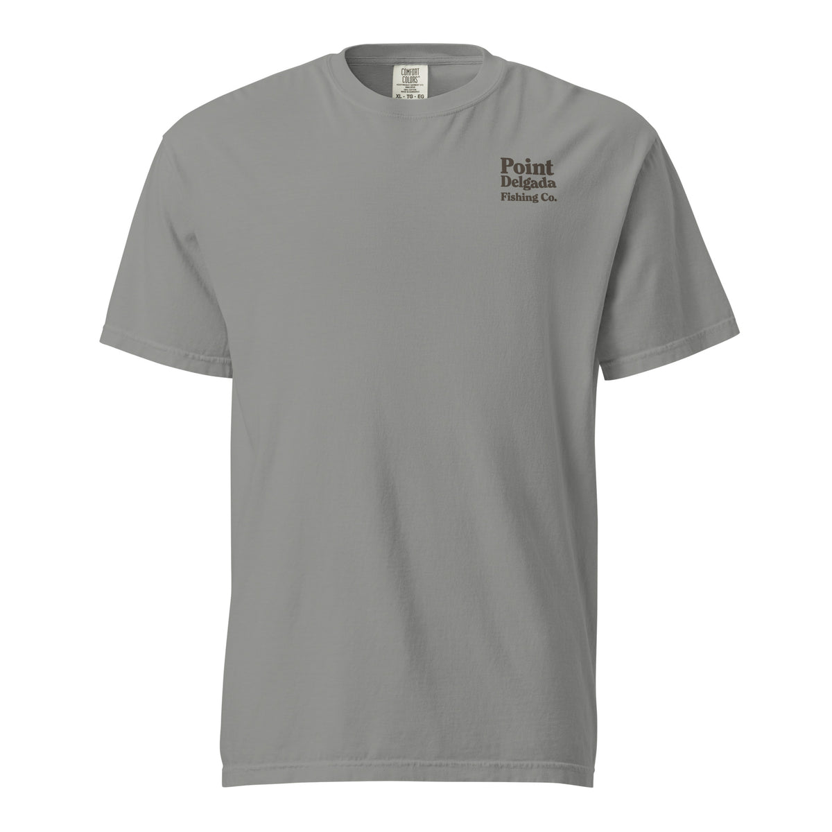 Point Delgada Three Fins T-Shirt with goldenrod vintage badge on the back and left-chest Point Delgada Fishing Co. logo on the front