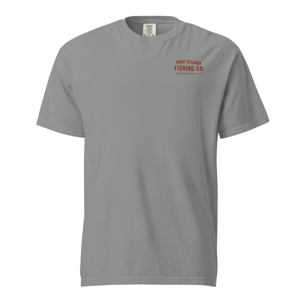Point Delgada Bear Crest T-Shirt with distressed red bear and swordfish crest on the back and left-chest Point Delgada Fishing Co. logo on the front