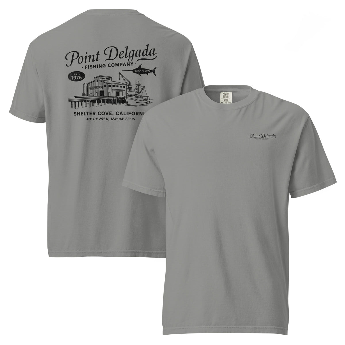 Back: White Point Delgada Home Port T-Shirt with black fish house, pier, fishing boat and Shelter Cove, California coordinates graphic
