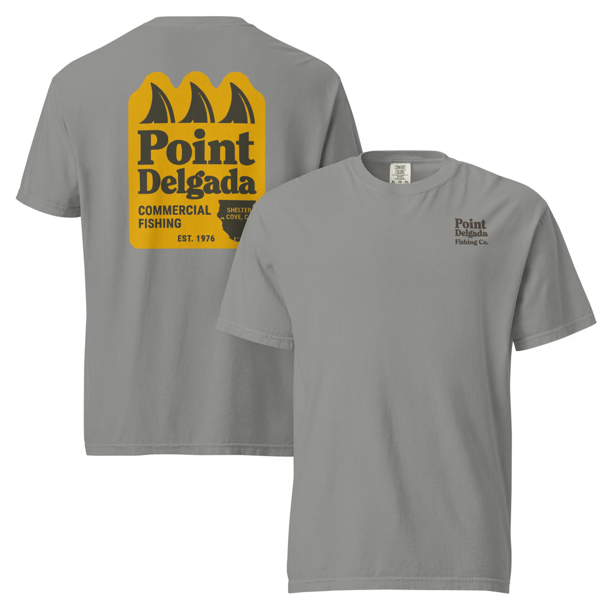 Point Delgada Three Fins T-Shirt with goldenrod vintage badge on the back and left-chest Point Delgada Fishing Co. logo on the front