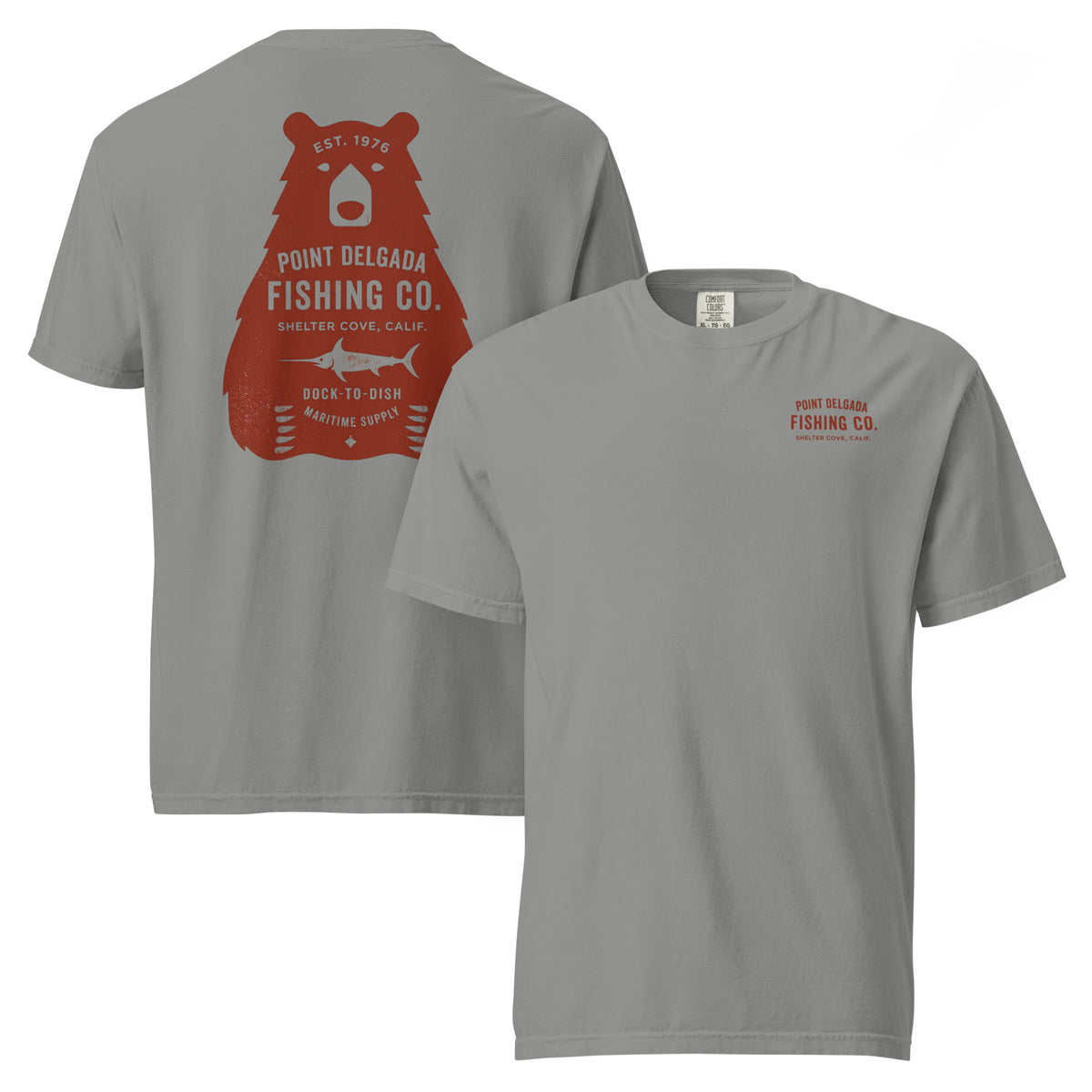 Point Delgada Bear Crest T-Shirt with distressed red bear and swordfish crest on the back and left-chest Point Delgada Fishing Co. logo on the front