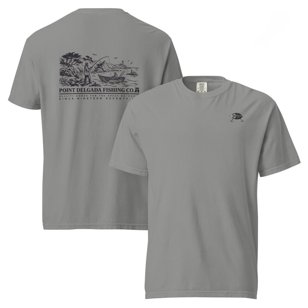 White Point Delgada Shoreline T-Shirt with black engraved coastal fishing scene and lighthouse on the back and left-chest lure logo on the front
