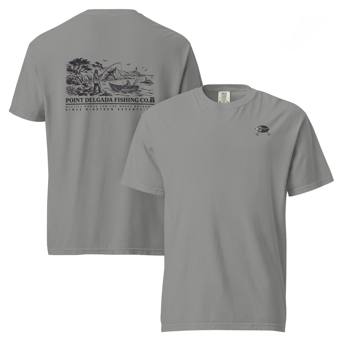 White Point Delgada Shoreline T-Shirt with black engraved coastal fishing scene and lighthouse on the back and left-chest lure logo on the front