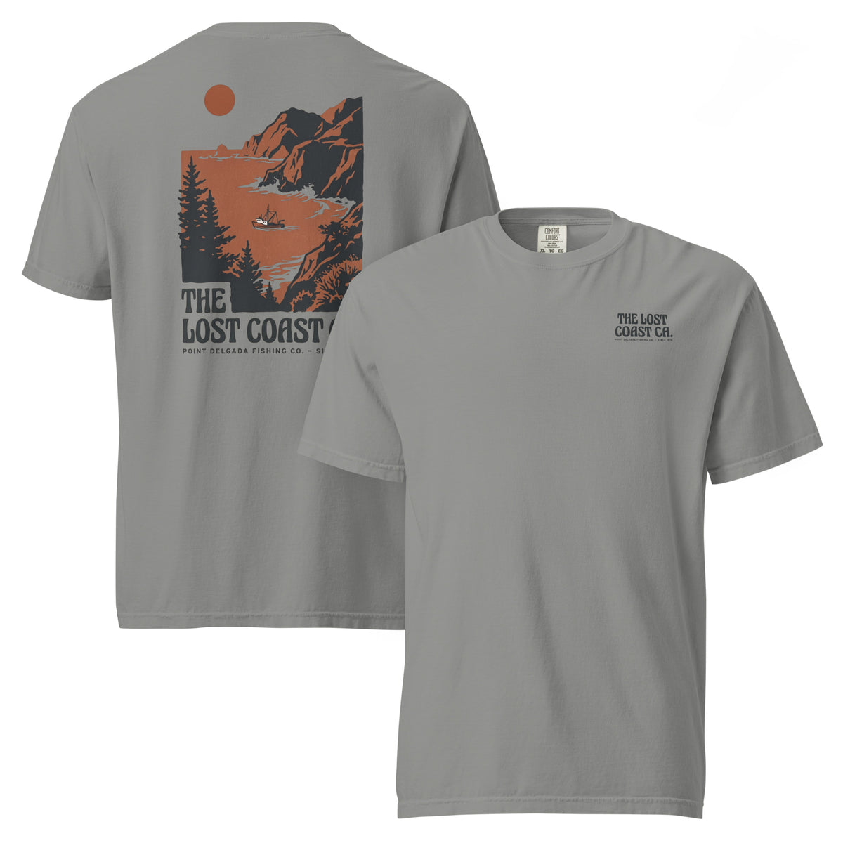 White Point Delgada Lost Coast Cliffs T-Shirt with rust and charcoal vintage print of cliffs, redwoods and a fishing boat on the back and left-chest Lost Coast CA. logo on the front